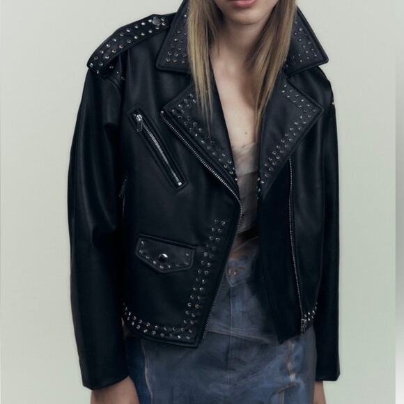 ZARA NWOT Black Faux Leather Rainbow Studded Rhinestone Biker Moto Jacket Medium - Picture 2 of 15